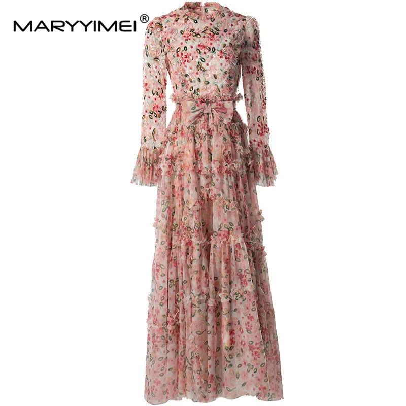 MARYYIMEI Spring Summer Women's Dress High Waiste Lace-UP Mesh Sequins Edible Tree Fungus Edge Flare Sleeved S-4XL Dresses