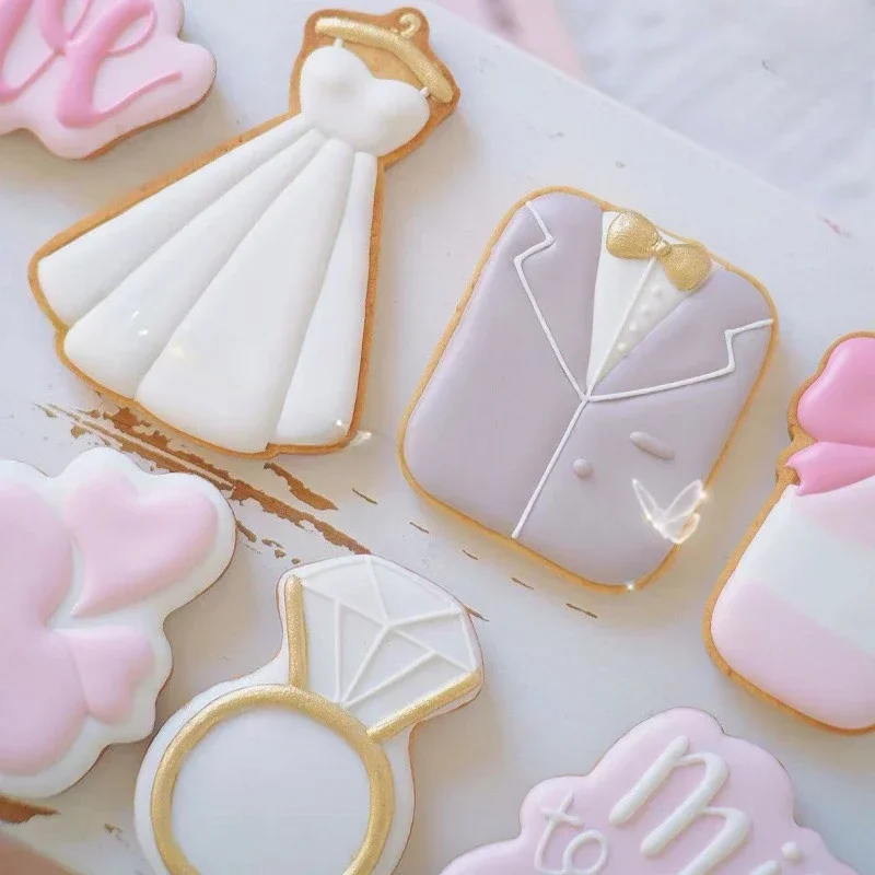 Wedding Cookie Cutter and Fondant Embosser Love Wedding Dress Diamond Champagne Biscuit Molds DIY Fondant Cakes Decorations Tool