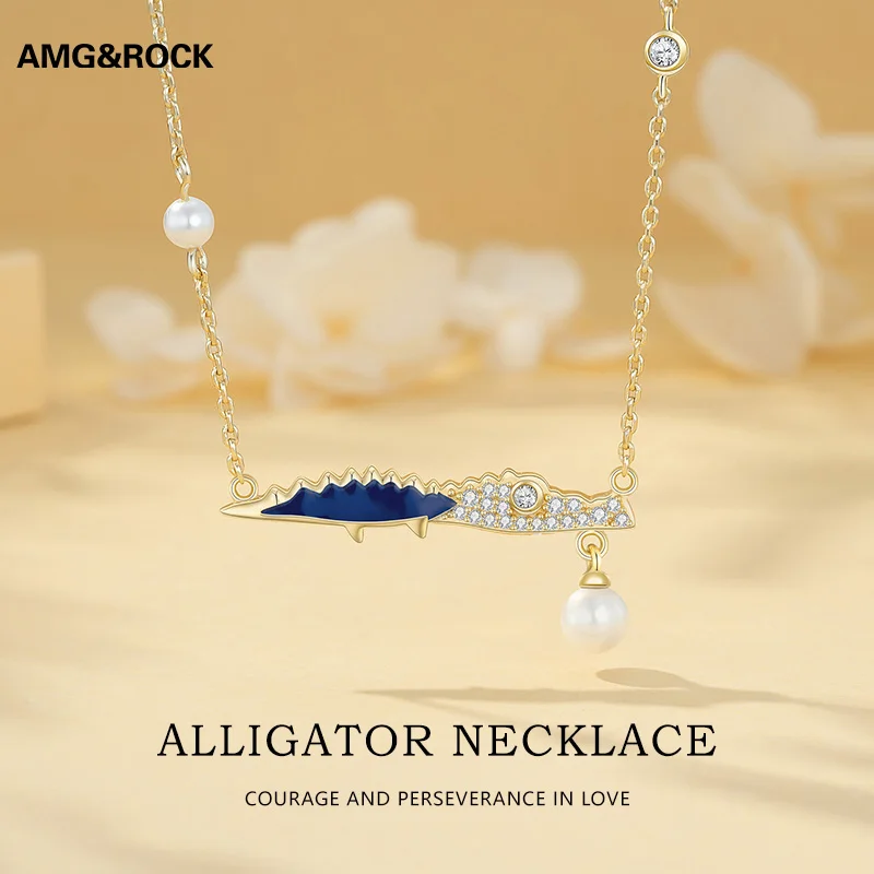 AMGROCK 925 Silver Gold Pearl Crocodile Necklace For Women Trending Wedding Gift Fine Jewelry