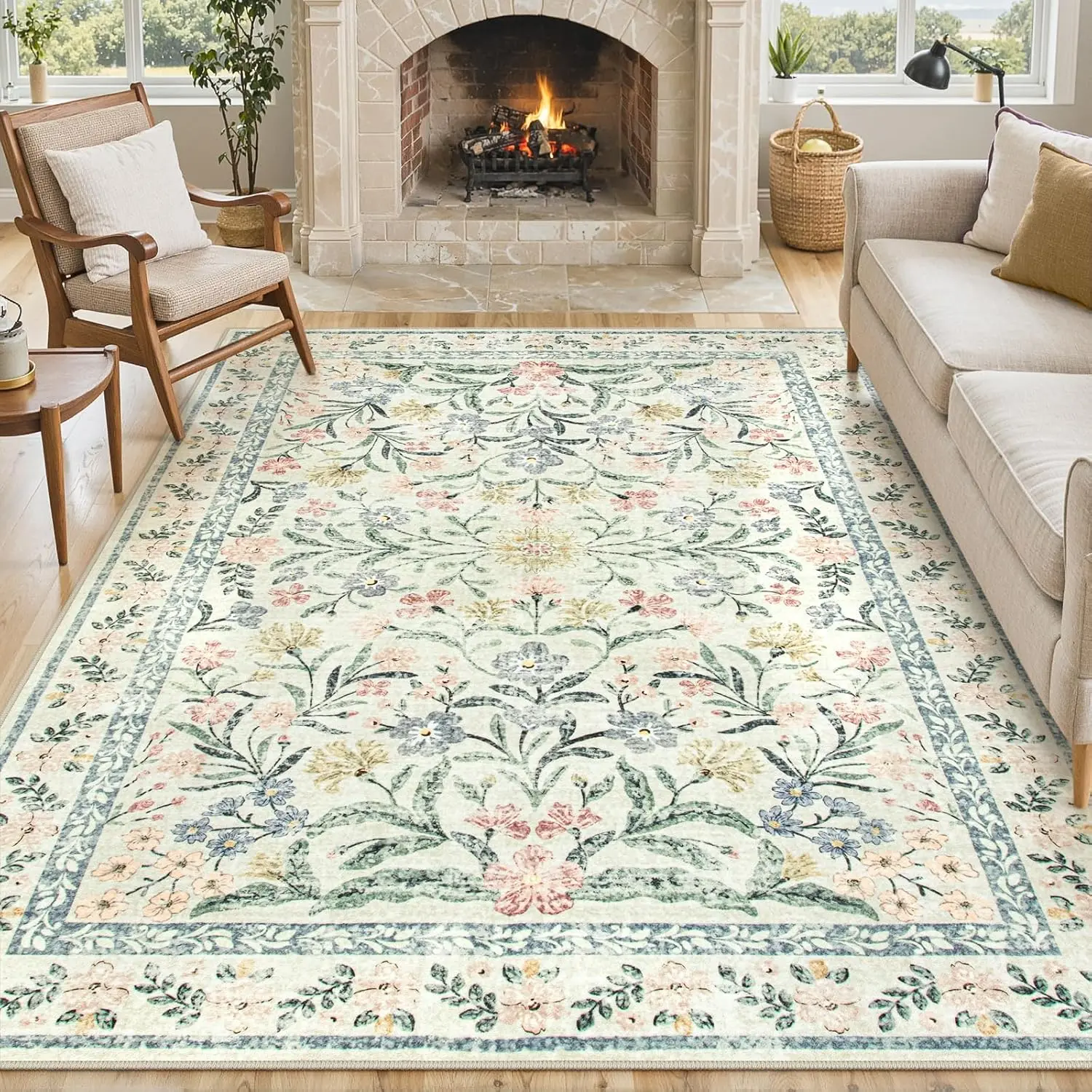 Beige Machine Washable Rug Boho Area Rugs for Living Room Non-Slip Vintage Floral Soft Indoor Carpet for Bedroom Home Decoration
