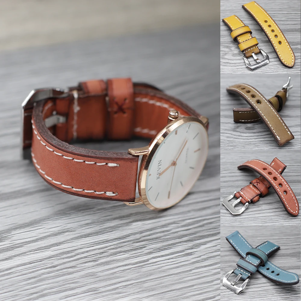 Watch Strap Cow Leather Retro Handmade Wristband 20mm 22mm 24mm Vintage Thick Watchband Watch Strap Belts Polished Buckle