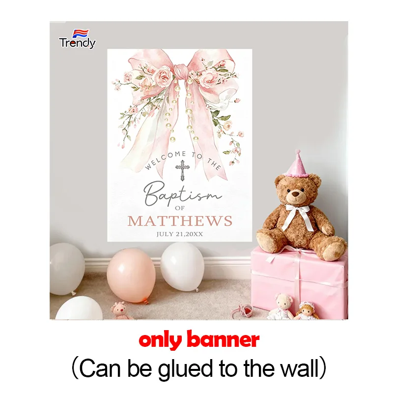 Custom Name Baptism Backdrop Pink Bow Rose Pearl Cross Girl Christening Party Photography Background Photo Booth Decor Banner