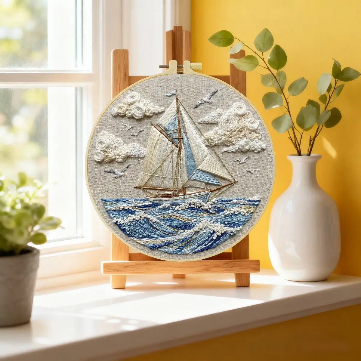 1 Stück 20X20CM/15X15CM 7,87/6,3 Zoll Wellen und Segelboote Stickerei-Starter-Kit DIY-Kit DIY-Stickerei-Set Handarbeiten Nadelkunst – Detail 2