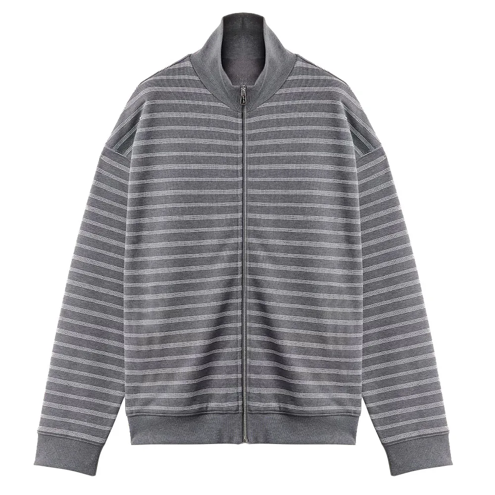 Classic black and gray striped zipper hooded sweatshirt jacket #S4129