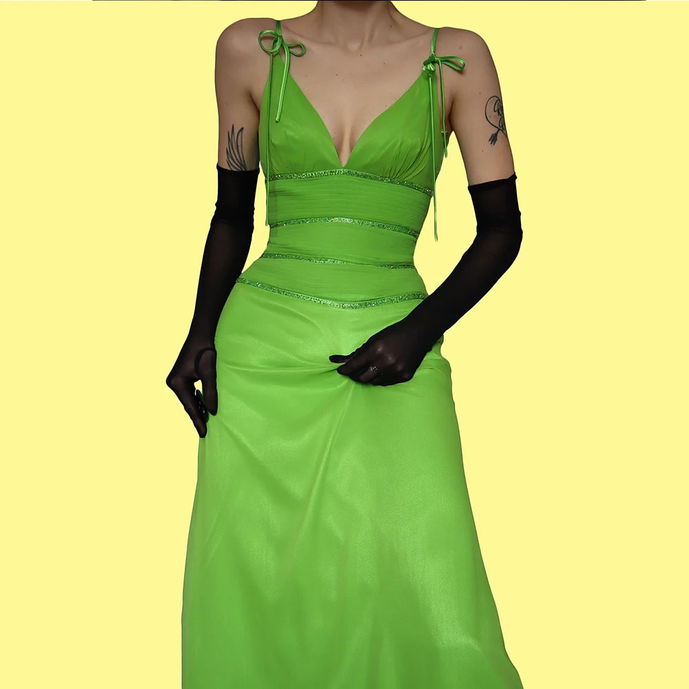 

Spaghetti Straps Satin Sleeveless V Neck Evening Dress Sweep Train Elegant Bespoke Occasion Gowns Floor Length Straight Green