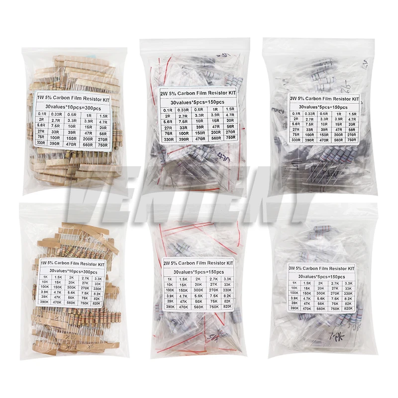 150PCS/300PCS 1W 2W 3W 5W 30Values Carbon Film Resistor Assortment Kit 5% Resistance Set 0.1R-750R 1K-820K ohms DIY Pack