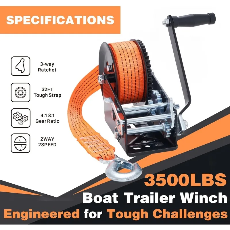 Boat Trailer Winch - Heavy Duty Hand Winch with 32 FT Orange Strap, 2-Way Ratchet With 4:1/8:1 Gear - Ideal for Boat, Truck