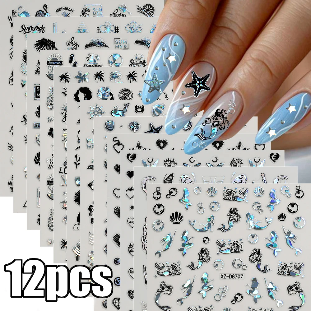 

12Pcs Laser Blue Black Summer Sea Nail Stickers 3D Mermaid Shell Starfish Butterfly Press On Nails Slider Deco Shiny Nail Decals