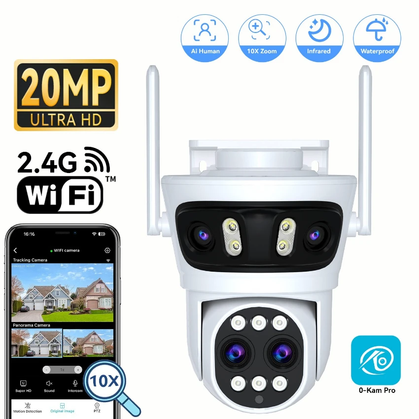 

PTZ Security Camera 4 Lens 10X Digital Zoom AI Auto Tracking IP O-KAM PRO Wifi Camera Outdoor Linkage Video Surveillance Cam