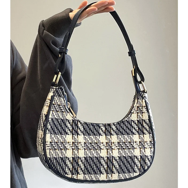 Women's Crossbody Bag Niche New Style Fashionable All-Match Plaid Crescent-Shaped Shoulder Underarm