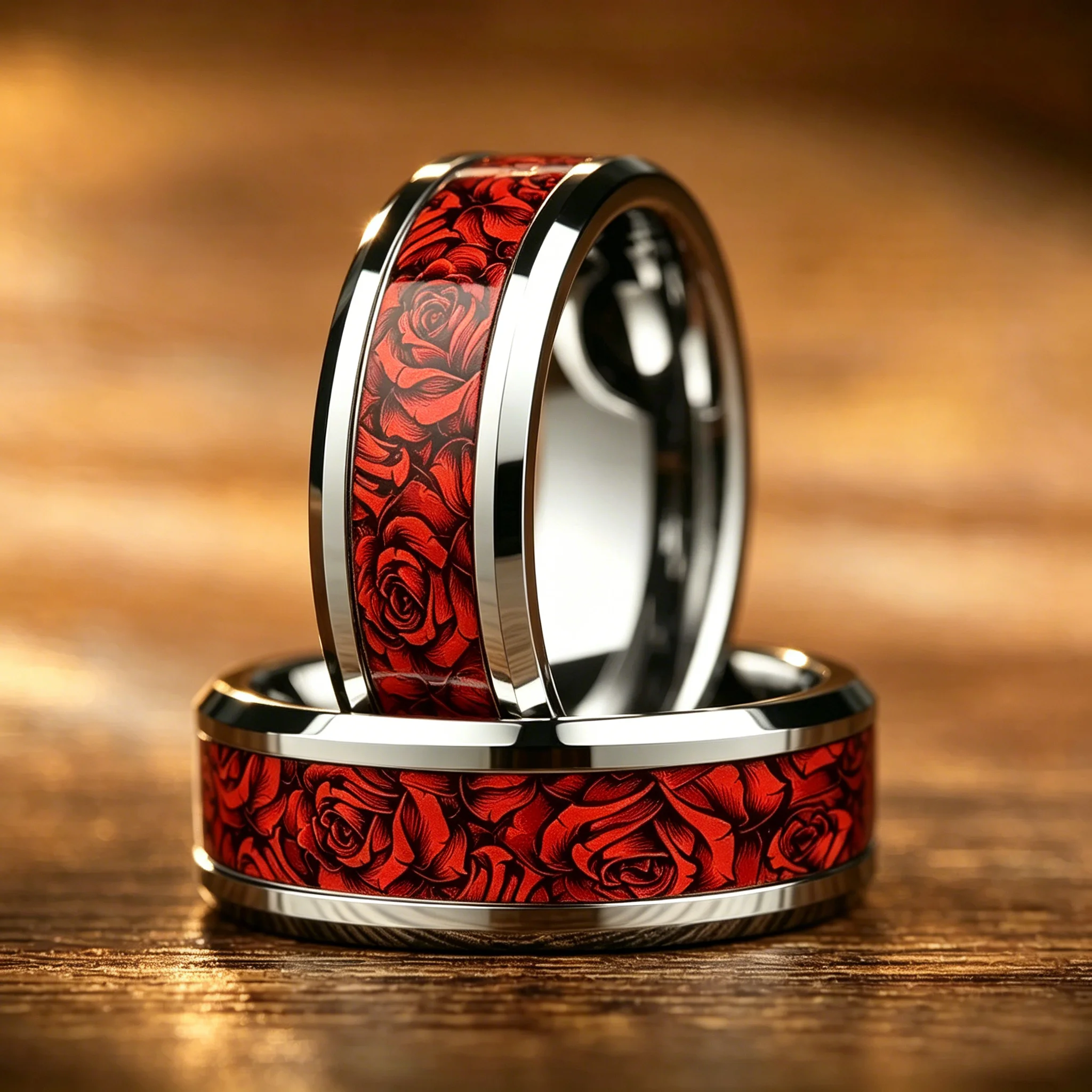Vintage Red Rose Flower Inlaid Stainless Steel Ring High Polished Bevel Edge Wedding Band Retro Romantic Love Jewelry Gift