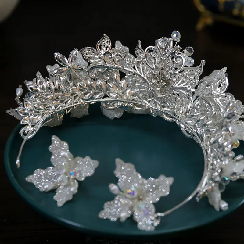 คริสตัลมงกุฎ Tiaras สําหรับงานแต่งงานเครื่องประดับผม Headdress เจ้าหญิงมงกุฎเจ้าสาวพร้อมชุดต่างหูวันเกิด Party Prom Headpiece