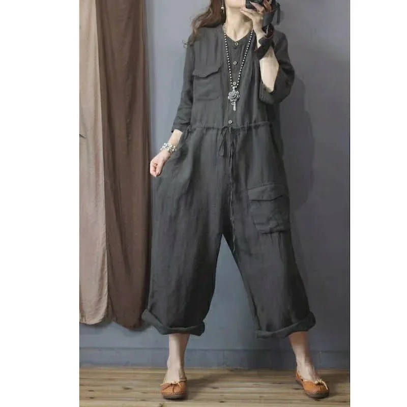 

Pop Linen Playsuit Oversize Jumpsuits Women Long Sleeve One Piece Outfit Women High Waist Pants Overalls For Women Clothes