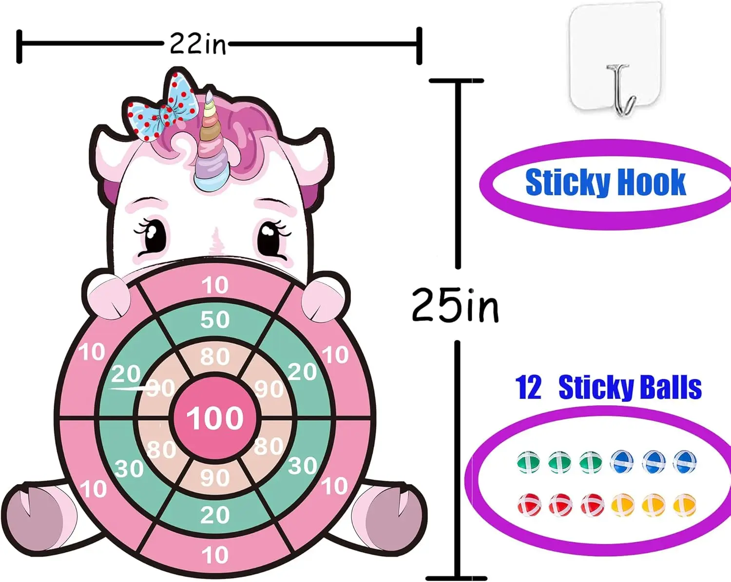 Jogo de dardos de unicórnio grande 12 bolas e 1 gancho para meninos e meninas, esportes indoor e ao ar livre, festa de aniversário Natal e ano novo