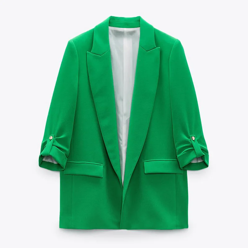 Chaqueta informal holgada con muescas para mujer, chaquetas elegantes de manga enrollable verde, trajes rectos con bolsillos para primavera