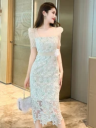 New Summer Women's Clothing Sexy Evening Formal Occasion Dress Mujer Chic Square Collar Slim Midi Party Prom Robe Vestido Street