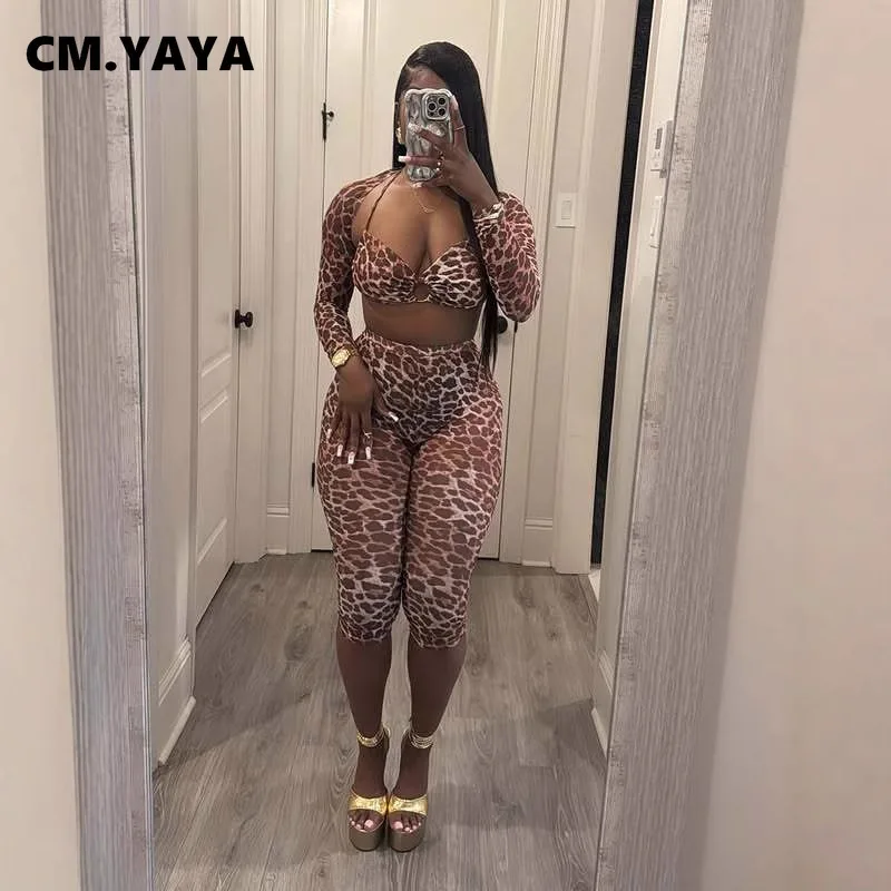 CM.YAYA 2025 Streetwear Women's Set Leopard Print Mesh Strapless Long Sleeve T-shirt + Pants Tracksuits Two 2-Piece Set Outfit