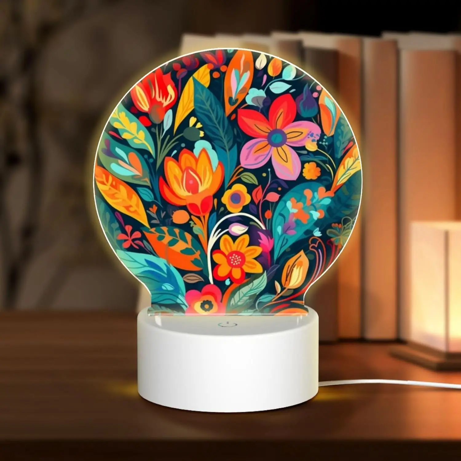 Round Vibrant Folk‑Style Floral Acrylic Night Light, LED Bedside Lamp Colorful Flower Home Bedroom Decor Gift