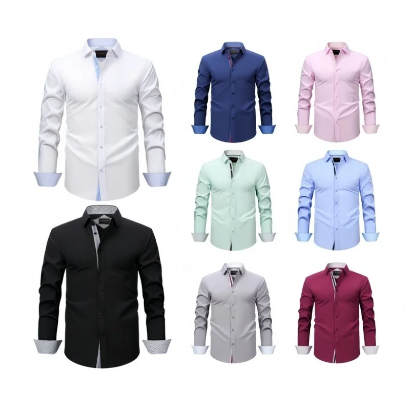 

Men's Long Sleeved Slim Fit Elastic Shirt and Non Ironing Black Shirt Men's Solid Color Versatile Business Inch Men's Clothing