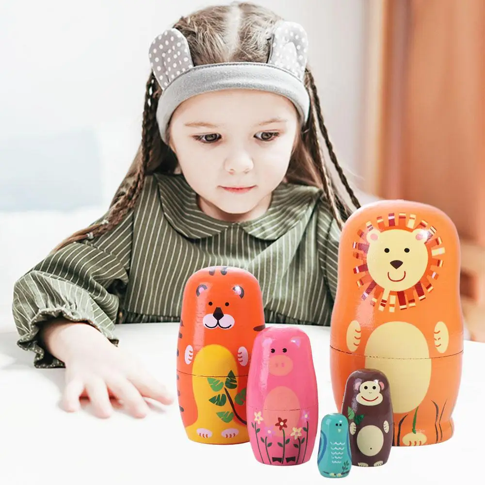 

Wooden Nesting Dolls Animals Pattern Decorations Matryoshka Doll Toys Cartoon Handmade Stacking Dolls Kids Toy
