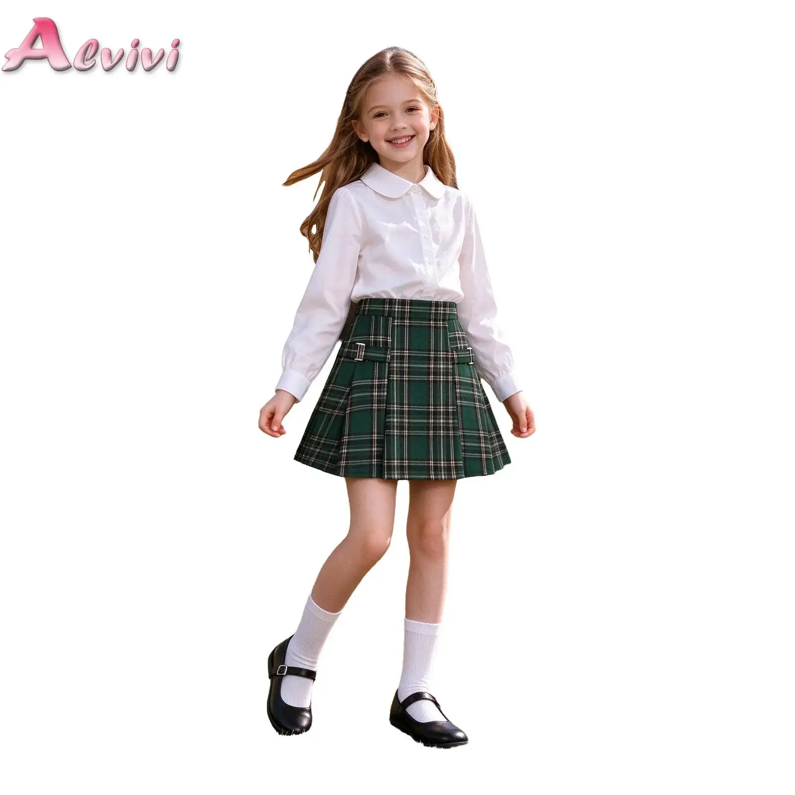 Kids Girls School Uniform Skirts Side Invisible Zipper Plaid Pleated Skirt for Recitation Performance Theme Party Outdoor Play