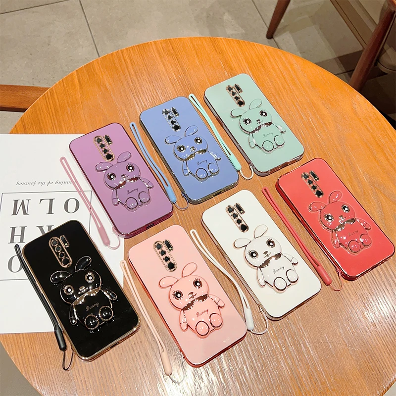 Placcatura anello quadrato specchio di coniglio trucco supporto astronauta supporto custodia per telefono per Xiaomi Redmi 9 Redmi9 cover posteriore in silicone morbido