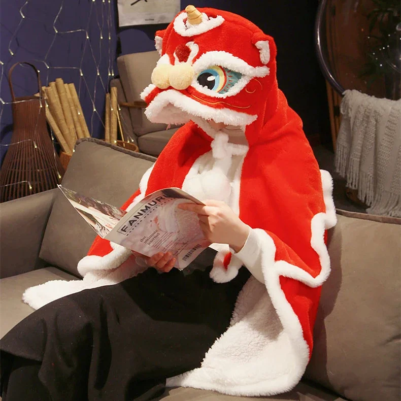 

2024 одеяло с капюшоном для китайских танцев с Львом, плюшевые теплые мягкие одеяла, одеяло с перчатками, Детские и взрослые, подарок для кондиционера