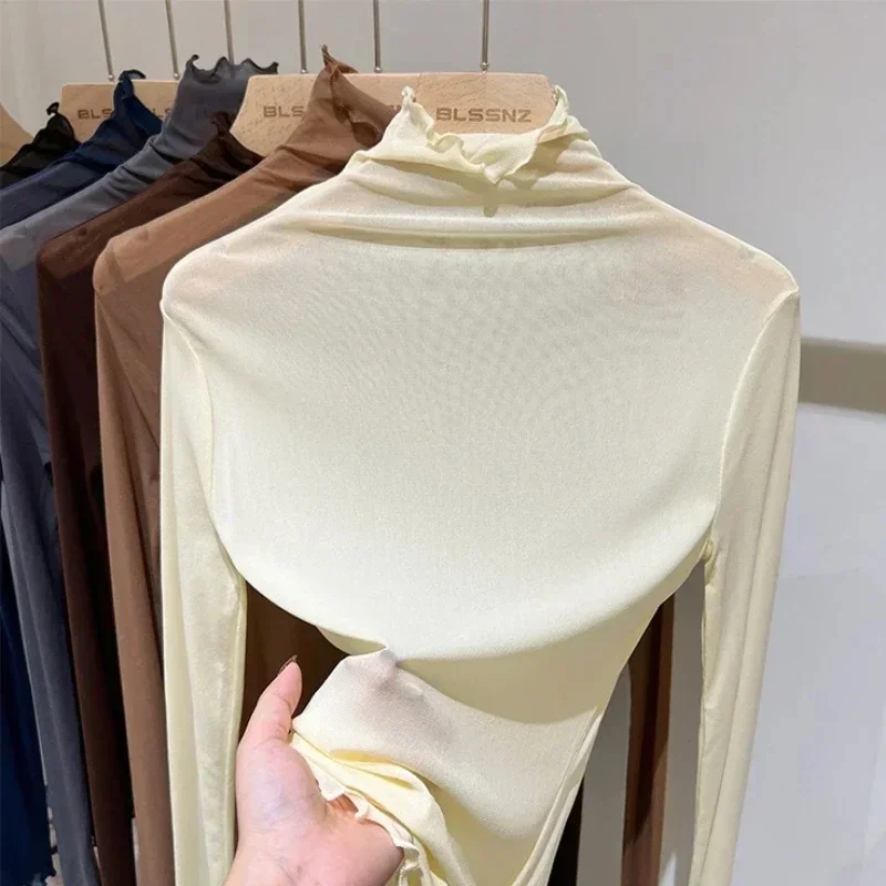 T-shirt da donna sexy vedere attraverso top in rete trasparente manica lunga velata slim da donna dolcevita solido t-shirt in seta top corto in pizzo