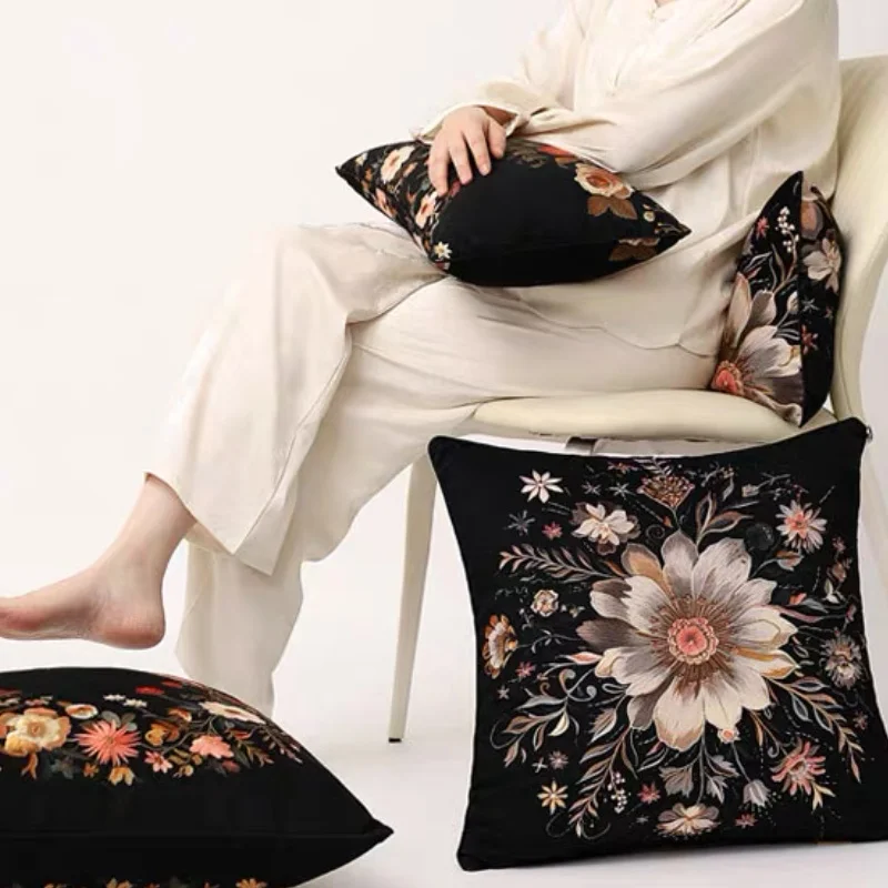 Black Vlevet Pillows Luxury Flora Print Cushion Case Retro Flowers 35x55 45x45 50x50 Decorative Pillow Cover For Sofa Chair Home