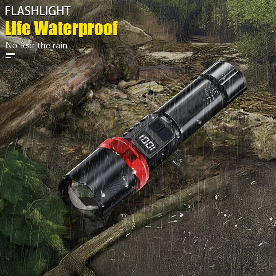 Powerful LED Flashlight, Type-C Rechargeable, High Power Zoomable, Waterproof, Portable for Camping, Hiking & Outdoor Survival