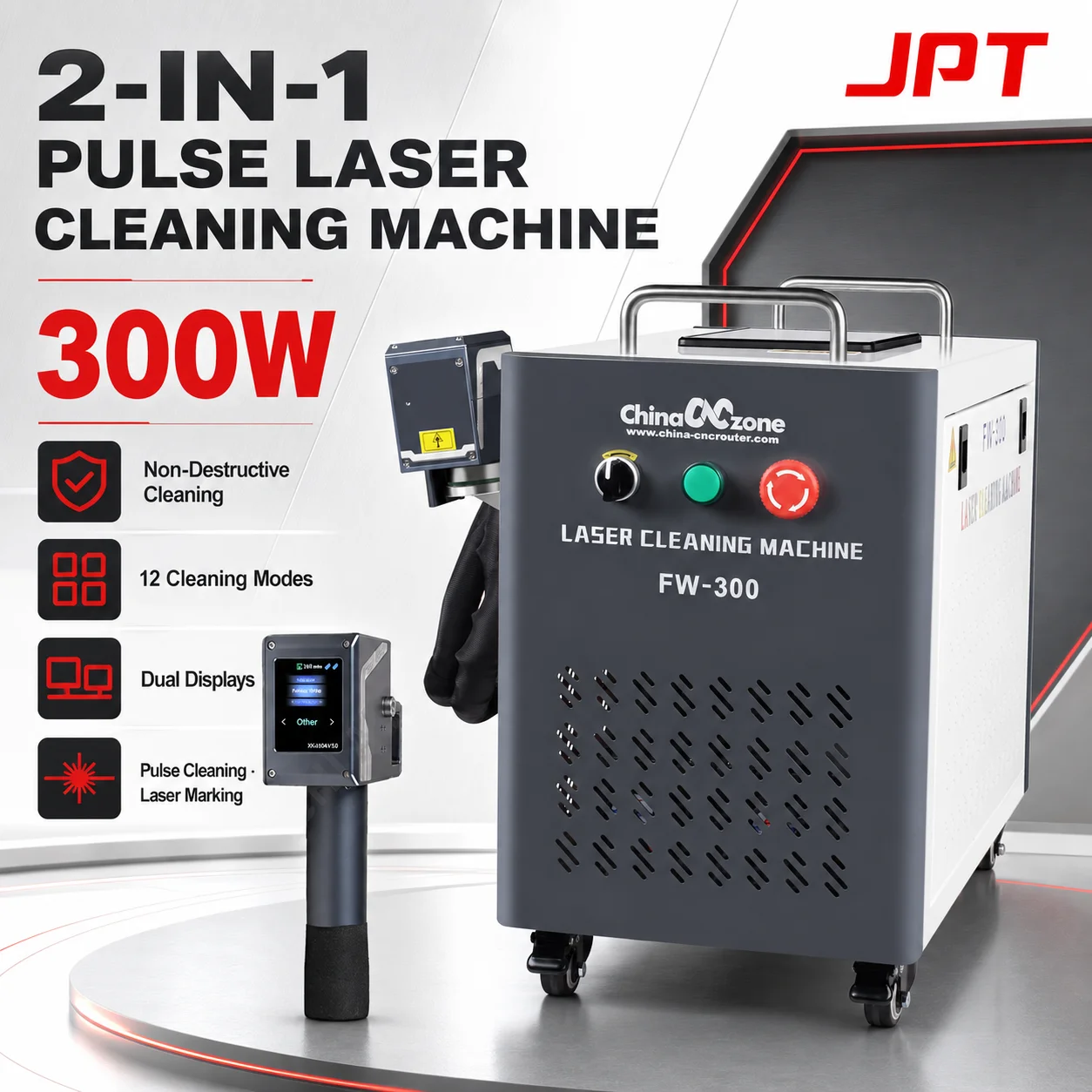 JPT 300W Pulsed Laser 2-IN-1 Cleaner & Marking Non-Damaging Wood Paint Oil Graffiti Removal for Metal Wood & Wall Surfaces US Stock