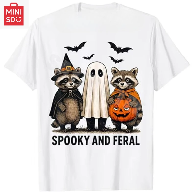 

Spooky and Feral Halloween Cute Ghost Raccoon Trick or Treat T-Shirt Humor Spooky Vibes Graphic Outfit Novelty Gift Y2k Art Tees