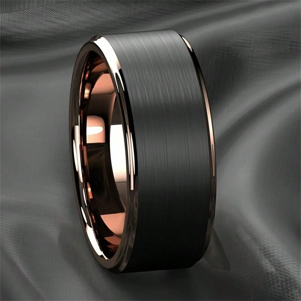 Fashion 8mm Black Brushed Stainless Steel Rings for Men Rose Gold Color Step Edge Men Promise Rings Wedding Party Jewelry Gifts