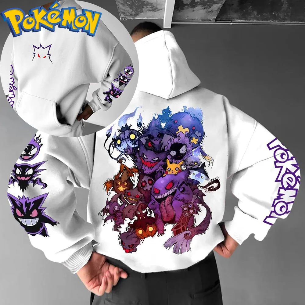 Pokemon Anime Gengar und Pikachu Baumwolle Hoodie Harajuku Hosen Set Multi Charakter Druck Zwei Stück Outfit Weiße Farbe Casual