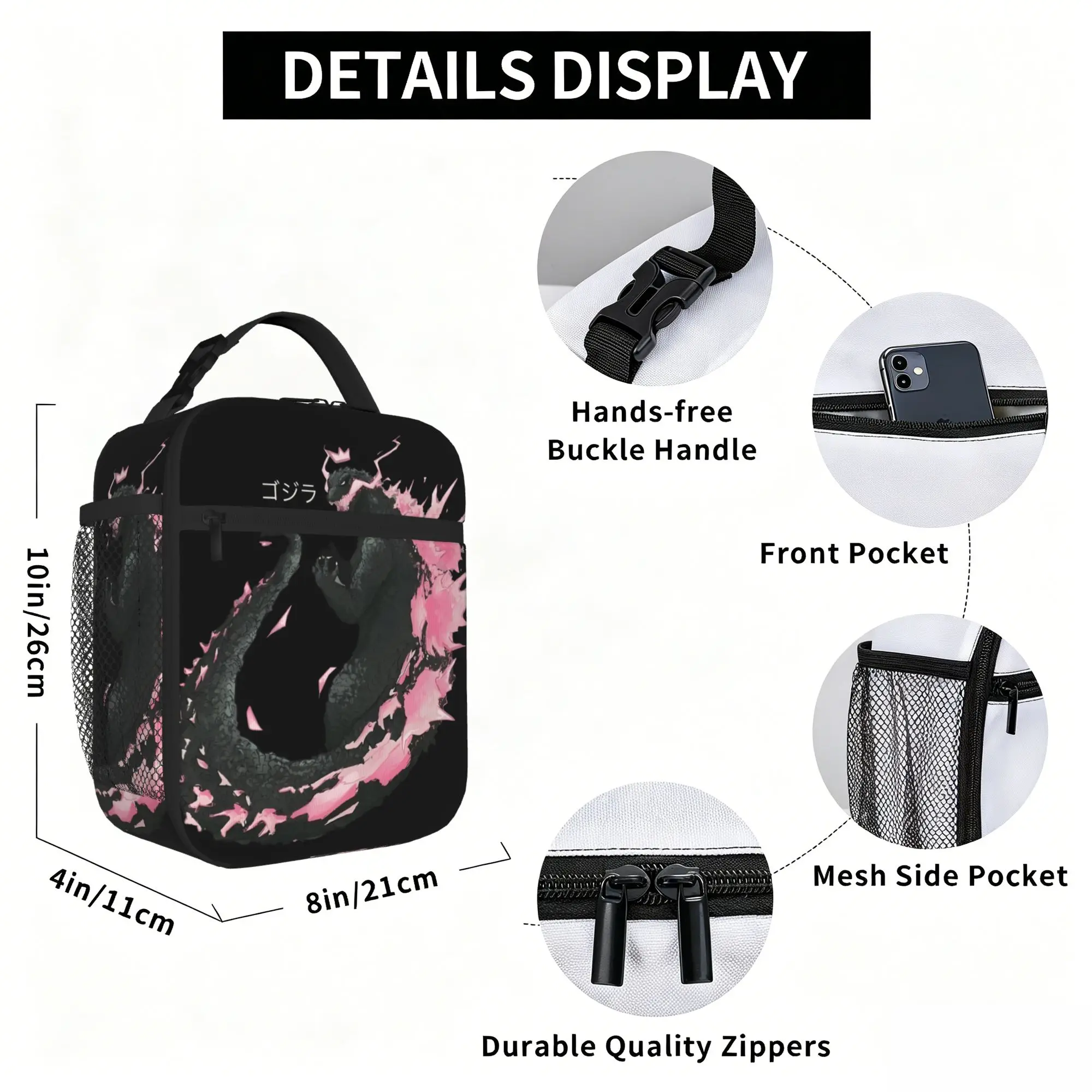 1 Piece Zipper Closure Pink Spine Storage Bag Pocket Godzilla  School Lunch Food Box Reusable For Lunch Food Bag view 6