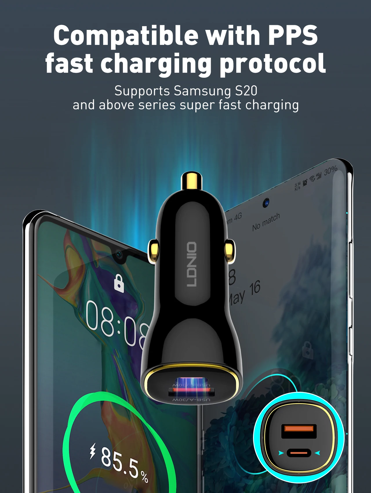 LDNIO 60W USB Car Charger Fast Chargers Type C PD30W+QC30W Quick Charge For Iphone 14 15 Pro Max Xiaomi Samsung Galaxy S24 Ultra