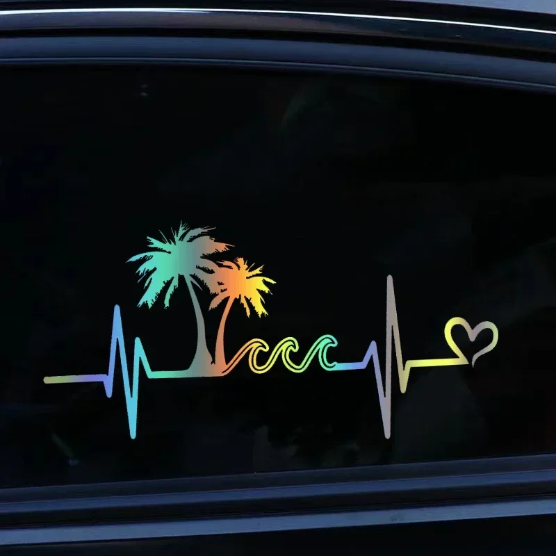 Car Sticker Heartbeat Beach Palm Tree Waves Die-Cut Vinyl Decal  Waterproof Auto Decors on Car Body Bumper Rear Window,20cm