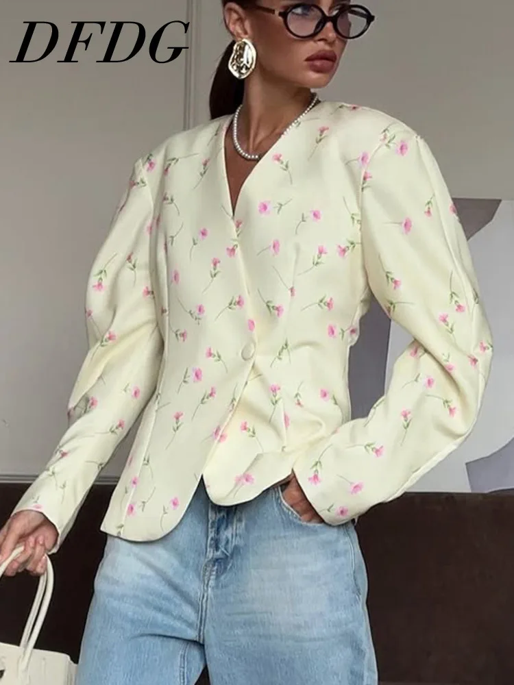 

DFDG Women 2026 Spring Floral Print Blazer Jacket Collarless Puff Sleeve Single Breasted Slim Fit Elegant Casual Outerwear Coat