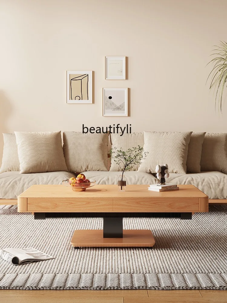 Home Lifting Coffee Table Japanese Style Log Square Multi-Functional Square Solid Wood Tea Table Dining Table Dual-Use