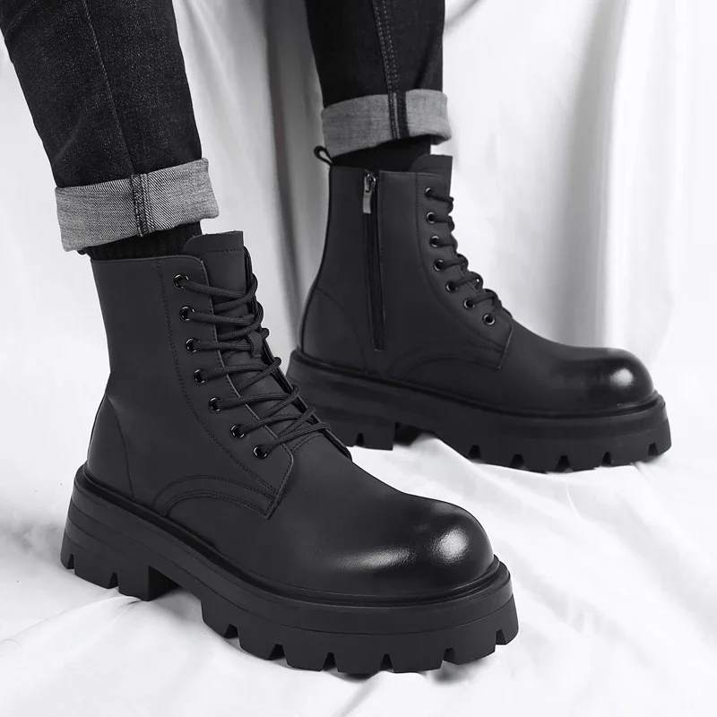 

Men's High Top Boots High Quality Cow Leather Boots Fashion Casual Ankle Boots Outdoor Non-Slip Platform Boot Botas Para Hombre