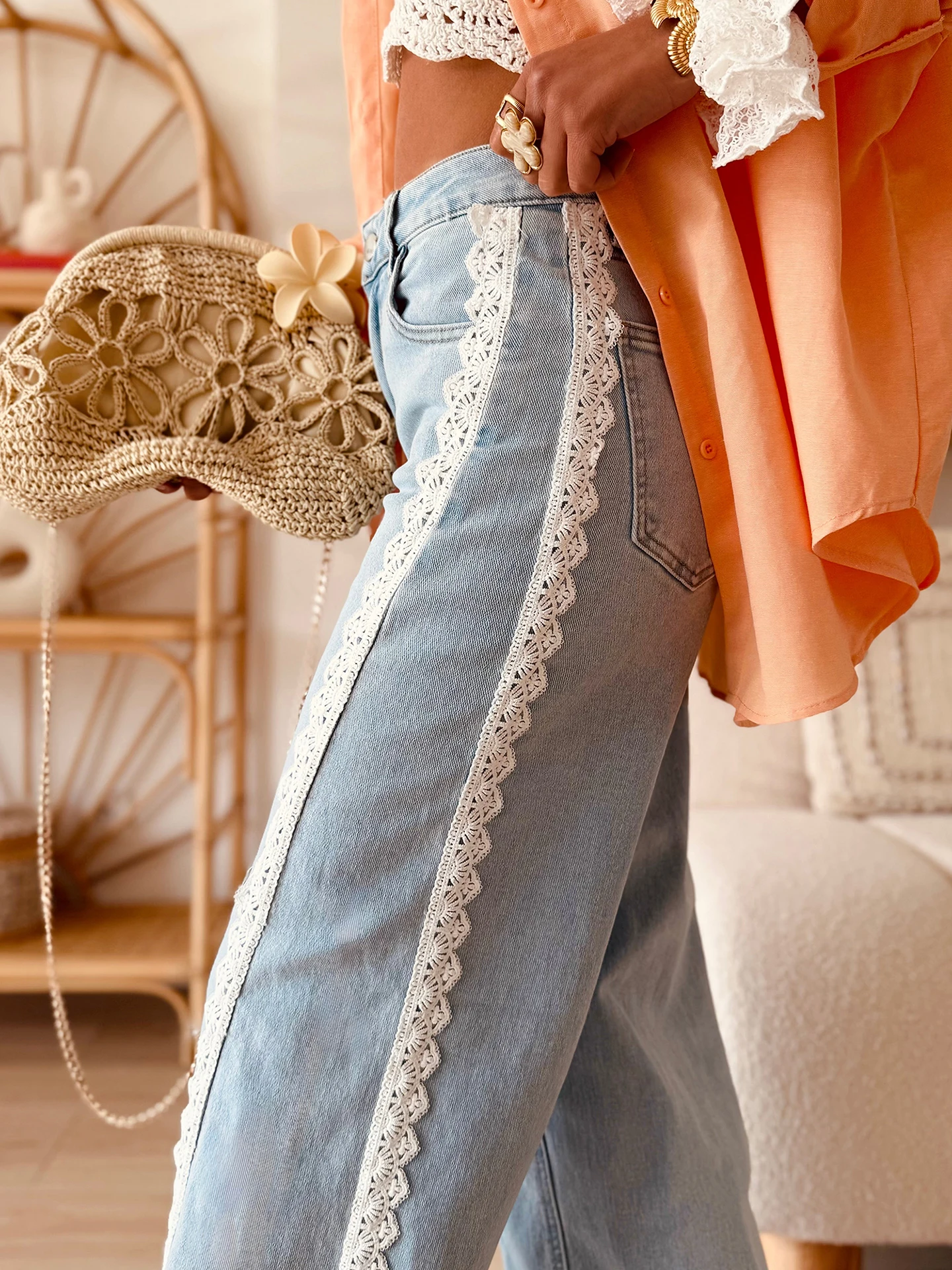 High Waist Straight Leg Casual Pants Ladies Spring Autumn New Style DearLover Lace Splicing Side Denim Jeans Breathable Comfo...