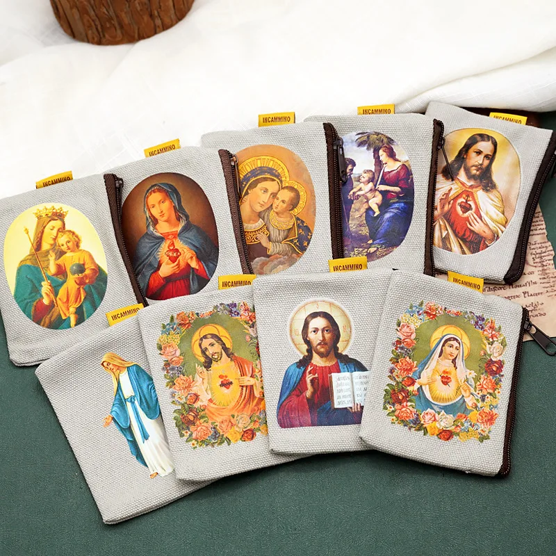 9x7cm Virgin Mary Jesus Image Double-sided Printed Canvas Bags Holy Items Rosary Storage Bags Catholic Religious Gifts Church