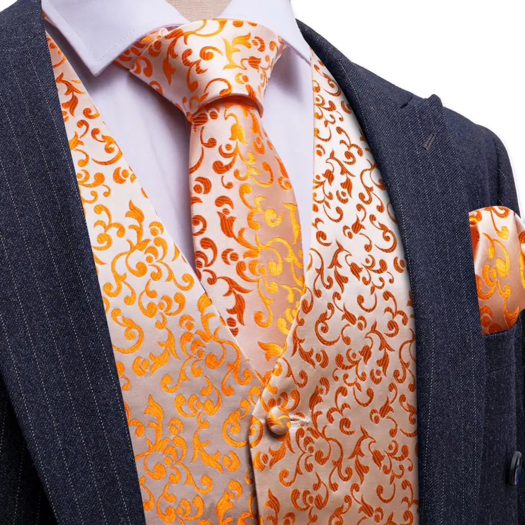 

Elegant Vest for Men Silk Waistcoat Tie Set Gold Yellow Orange Silver Floral Formal Luxury Groom Wedding Suit Gilet Barry Wang