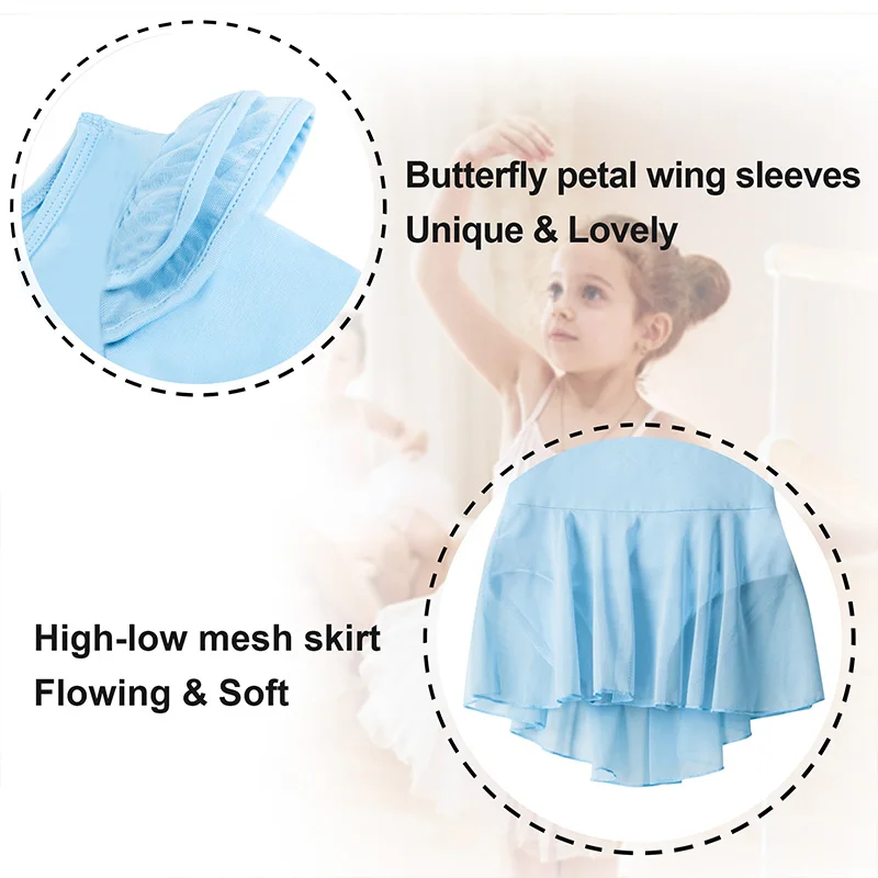 الفتيات الكلاسيكية جولة الرقبة طويلة الأكمام رداء رقص الباليه لفتاة الرقص مع طبقة مزدوجة فراشة البتلة الجناح كم فستان متجنب