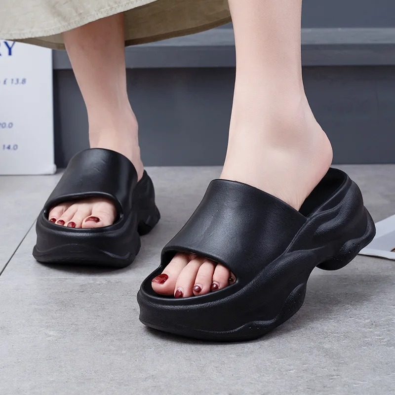 Thick Sole EVA Slippers Women Fashion Soft Home Platform Slippers One Line Outwear Non Slip Elevated Heel Beach Summer Sandals