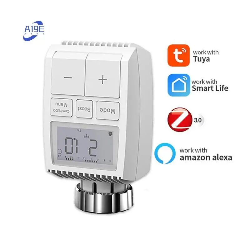 Actuador de radiador inteligente Zigbee, válvula termostática programable TRV, controlador de temperatura remoto por aplicación, A19E-Tuya