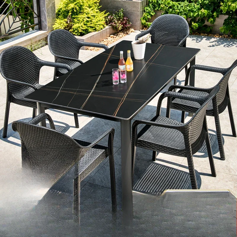 

Outdoor courtyard rock slab outdoor dining table combination rattan chair villa garden leisure terrace