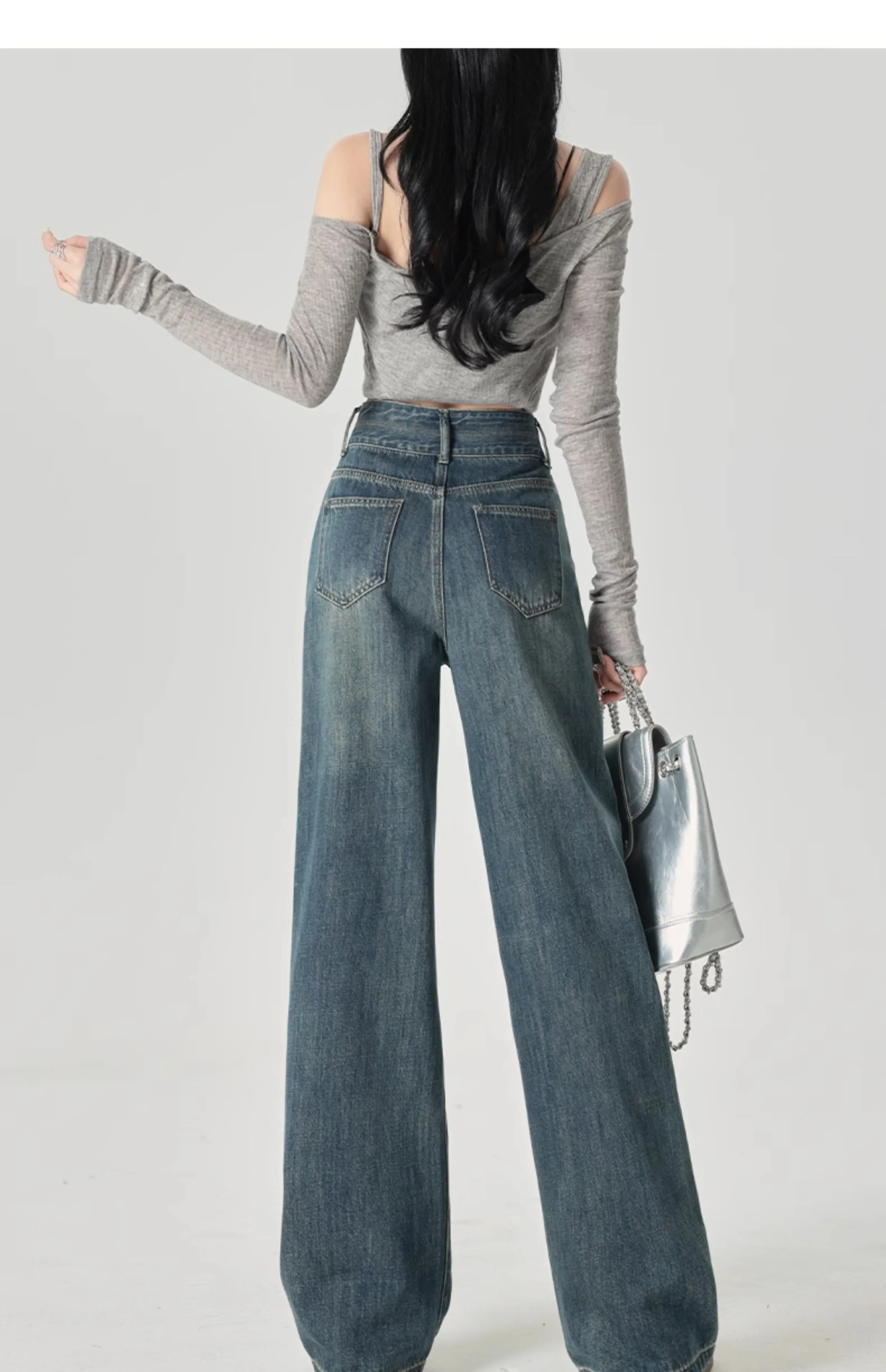 Schmal geschnittene Damenjeans mit weitem Bein, hoher Taille und hängendem Gefühl, gerades Bein, lässiger Look, schmale Hose in Kontrastfarben – Detail 9