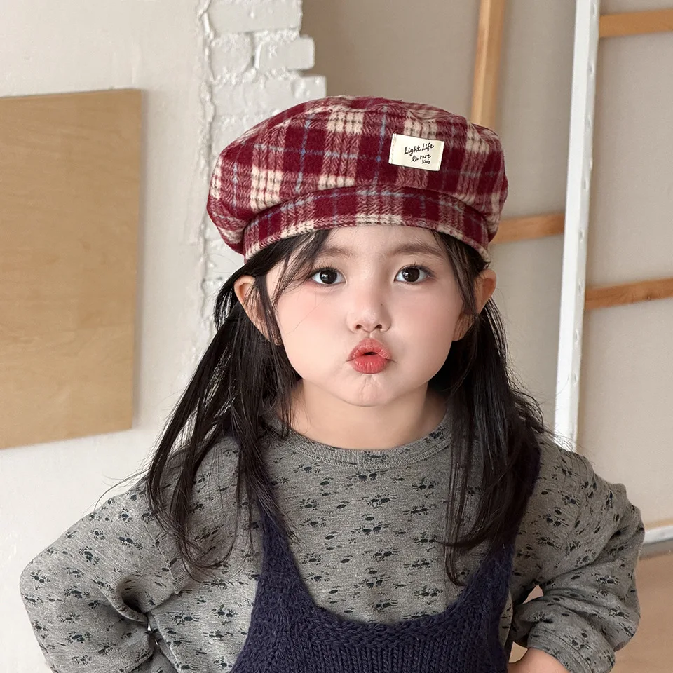 3-6Y Korean Children's Hat Autumn and Winter Retro Plaid Foreign Style Boys Girls Beret Versatile Baby Painter Hats