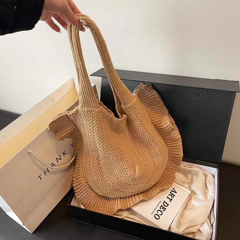 2025 Spring New Lazy Wind Knitted Tote Bag Design Sense Lotus Leaf Edge High-capacity Single Shoulder Bag Versatile Women's Bag